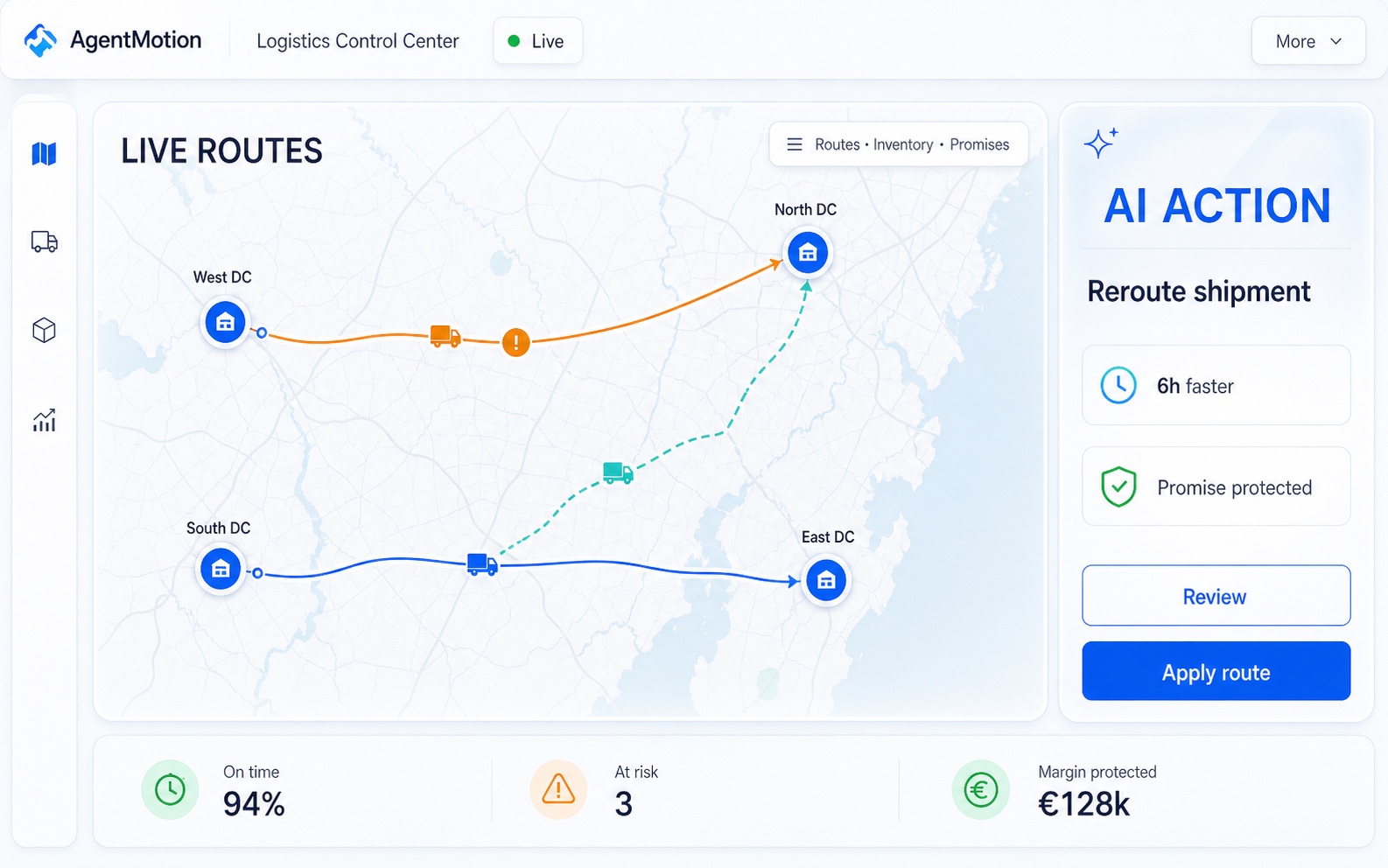 Glass logistics control center with live routes, a delayed shipment and a highlighted AI rerouting action