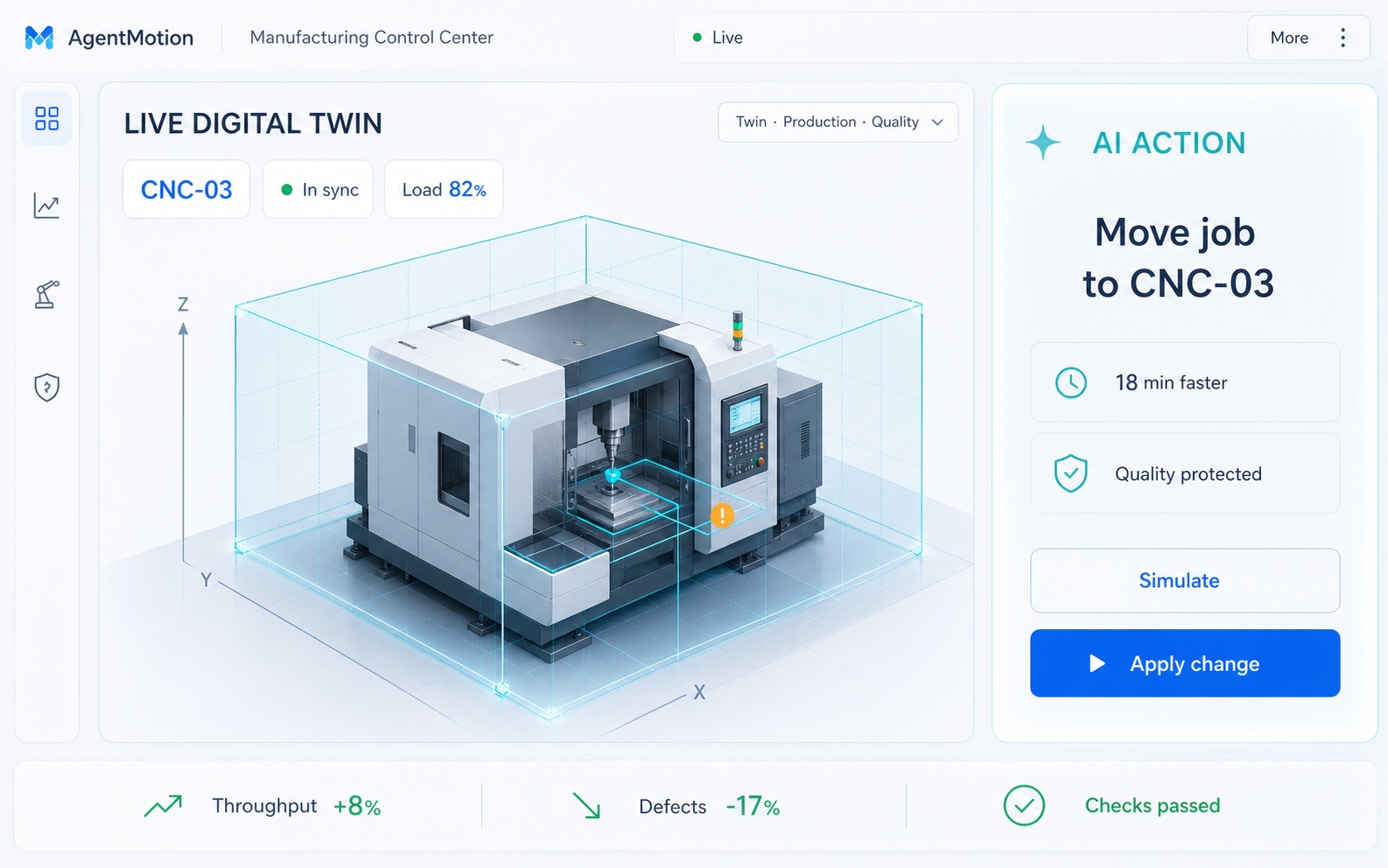 Glass manufacturing control center with a live CNC digital twin and a highlighted AI production action